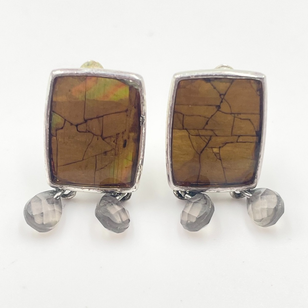 Vintage Silver Ammolite Mosaic Clip On Earrings Faux Quartz Dangle Retro Classic